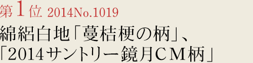 竺仙浴衣ランキング第1位　2014No.1019　綿絽白地「蔓桔梗の柄」、「2014サントリー鏡月CM柄」